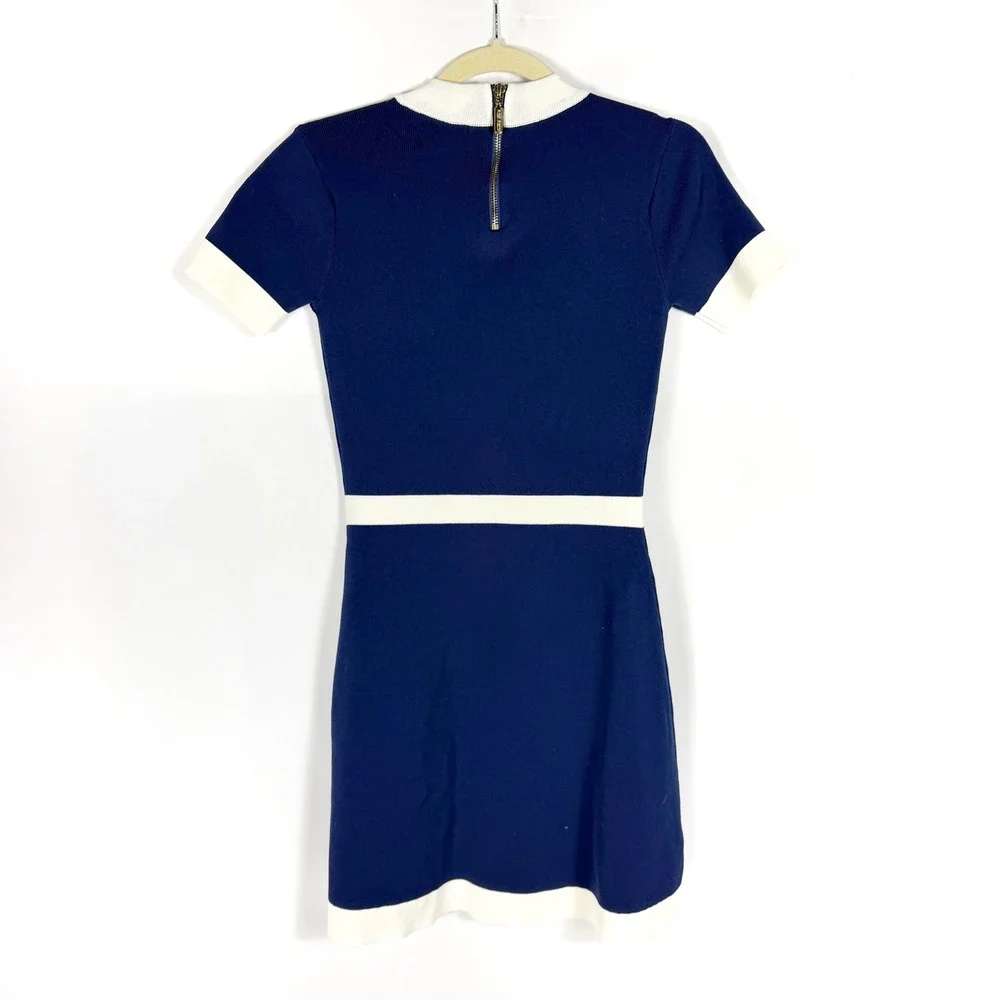 Alexia Admor Beatrix Mini Dress Navy Blue White Contrast Knit Button Women XS